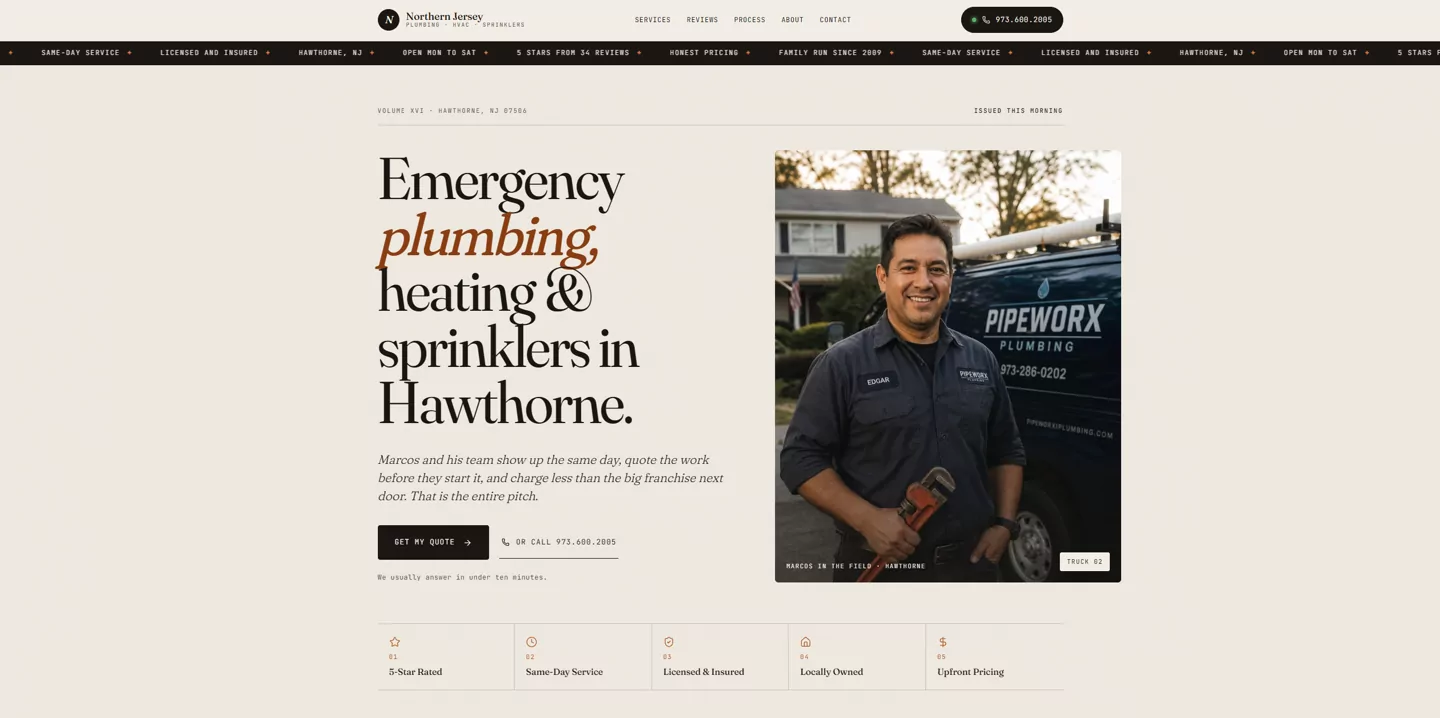 A website SiteSeeker generated for Northern Jersey Plumbing, a plumbing, heating and sprinkler company in Hawthorne, New Jersey