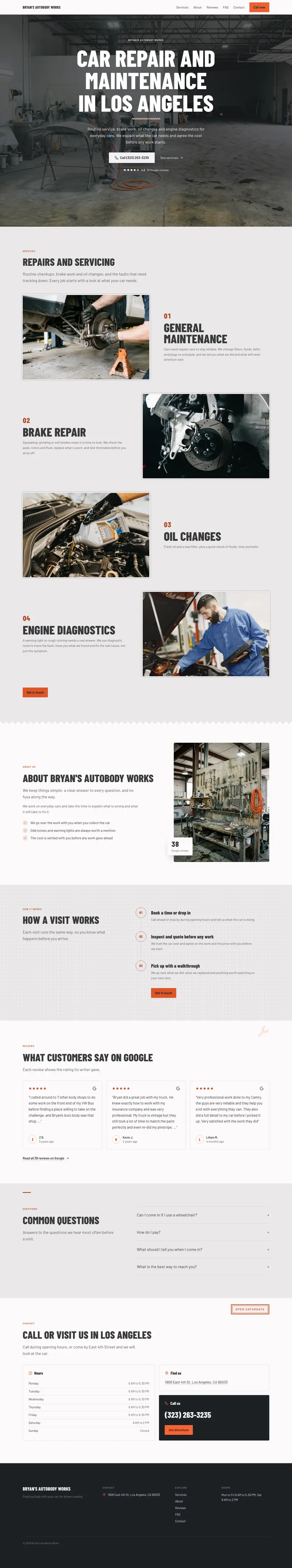 The full home page of an auto repair site SiteSeeker built, from the header to the footer.