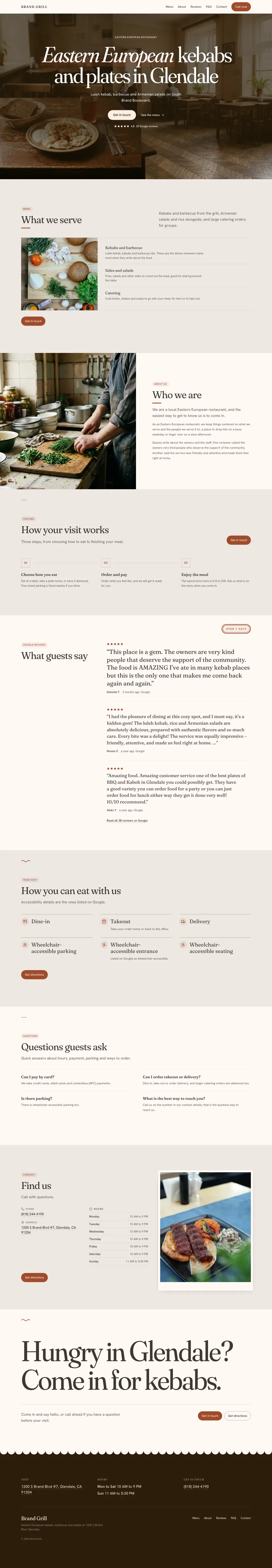 The full home page of a restaurant site SiteSeeker built, from the header to the footer.
